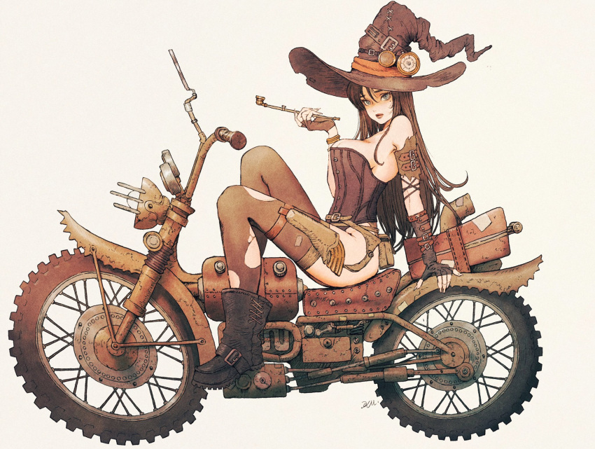 1girl bare_shoulders black_hair blue_eyes boots bracelet breasts bustier fingerless_gloves gloves ground_vehicle hat highres holster jewelry kuroimori leotard long_hair looking_at_viewer medium_breasts mole mole_under_eye motor_vehicle motorcycle original pipe sitting solo thigh-highs thigh_holster torn_clothes torn_legwear white_background witch_hat