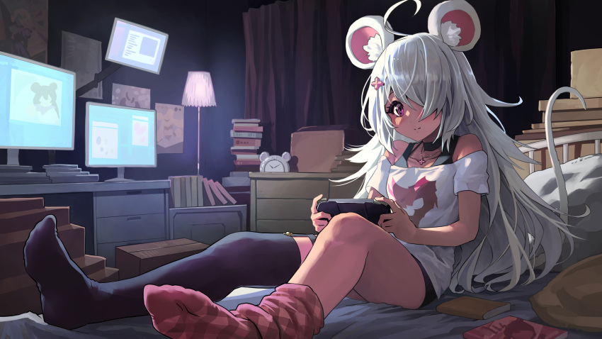 1girl ahoge animal_ear_fluff animal_ears asymmetrical_legwear bangs bare_shoulders black_choker black_legwear black_panties blush book choker clock closed_mouth collarbone commission curtains desk eyebrows_behind_hair hair_over_one_eye handheld_game_console highres holding indoors melaton monitor mouse_ears mouse_girl mouse_tail no_shoes off-shoulder_shirt off_shoulder original panties shirt short_sleeves silver_hair single_leg_pantyhose single_thighhigh skeb_commission smile sock_pull soles solo striped striped_legwear tail thigh-highs underwear violet_eyes white_shirt