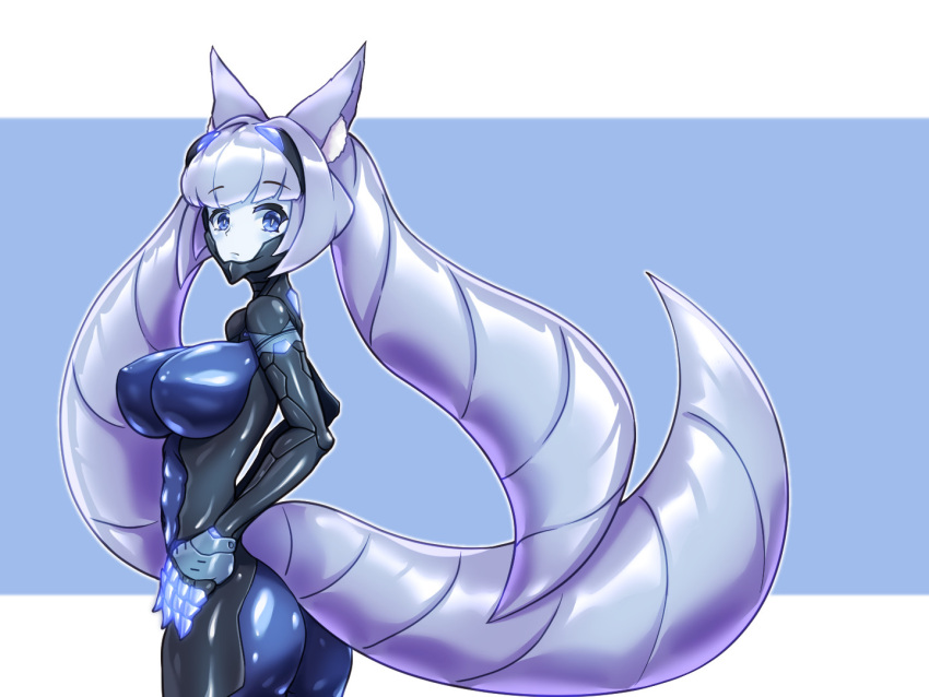 1girl animal_ear_fluff animal_ears ass blue_background bodysuit breasts colored_skin commentary_request expressionless eyebrows_visible_through_hair hands_on_hips headgear impossible_clothes large_breasts long_hair looking_at_viewer original purple_hair sachisuki_gyoko shiny shiny_clothes shiny_hair skin_tight solo tail two-tone_background very_long_hair white_background white_skin