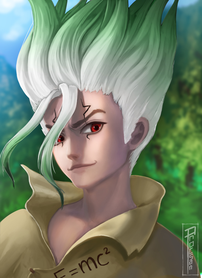 1boy absurdres artist_name blurry blurry_background day dr._stone facial_mark gradient_hair green_hair highres ishigami_senkuu long_hair looking_at_viewer male_focus multicolored_hair outdoors procsan red_eyes smile spiky_hair two-tone_hair upper_body