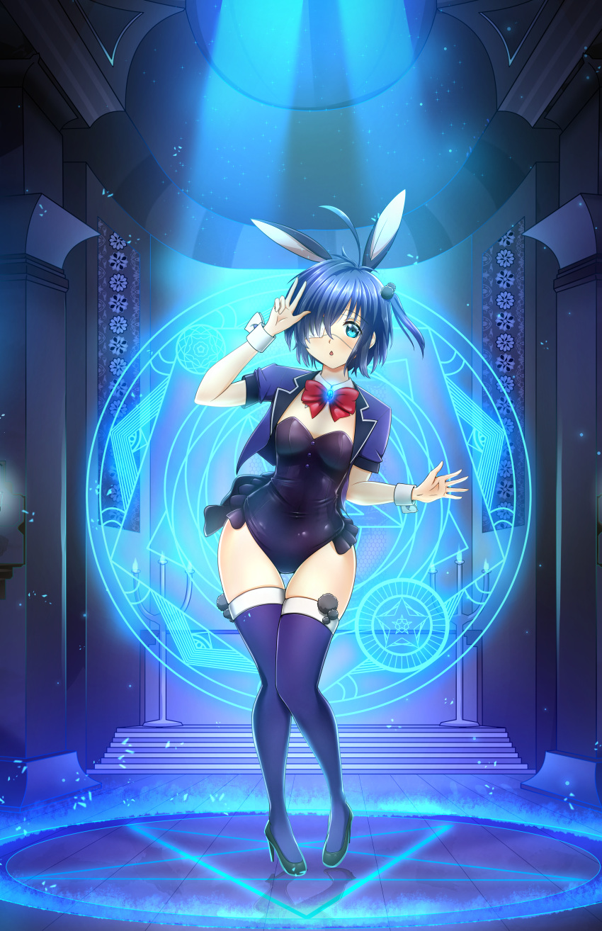 1girl :o absurdres ahoge alternate_costume animal_ears bangs black_footwear blue_theme blush bow bowtie breasts chuunibyou_demo_koi_ga_shitai! commentary contrapposto cropped_jacket english_commentary eyepatch fake_animal_ears full_body glowing hand_up high_heels highres indoors itacho_(itasha_draws) jacket leaning_forward light looking_at_viewer medical_eyepatch mixed-language_commentary one_side_up open_mouth pentagram pink_jacket playboy_bunny rabbit_ears red_bow red_neckwear shiny shiny_clothes shoes short_hair short_sleeves skindentation small_breasts solo standing star_(symbol) takanashi_rikka thigh-highs w white_eyepatch wrist_cuffs