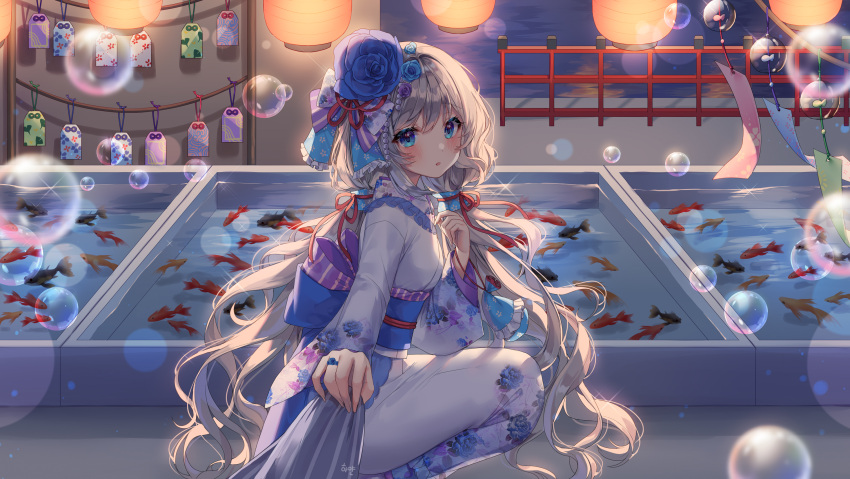 1girl backlighting bag blue_eyes blue_flower blue_rose blush bow bubble character_request copyright_request drawstring_bag ema festival fish flower frilled_kimono frills goldfish goldfish_scooping hair_bow hair_flower hair_ornament hand_on_own_chest highres japanese_clothes jewelry kimono kinchaku lantern long_hair looking_at_viewer obi paper_lantern pouch ring rose sash shiro_albino solo squatting tanzaku tug very_long_hair water wavy_hair white_hair white_kimono wind_chime