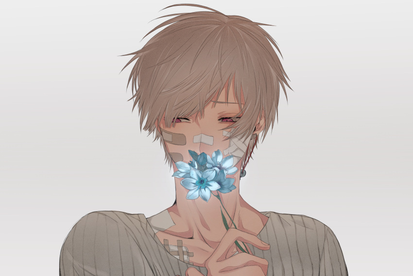 1boy absurdres bandaid bandaid_on_cheek bandaid_on_nose blue_flower brown_hair brown_shirt collarbone flower frown half-closed_eyes highres holding holding_flower looking_away looking_to_the_side male_focus munimuni_muniwo original sad shirt short_hair simple_background skirt solo upper_body