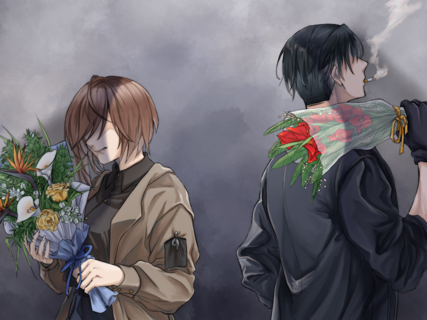 1boy 1girl black_gloves black_hair black_jacket bouquet breasts brown_hair brown_jacket brown_shirt character_request cigarette cigarette_holder closed_mouth commentary_request crying eyebrows_visible_through_hair finellen flower girls_frontline gloves hair_between_eyes highres holding holding_bouquet holding_flower j_(girls'_frontline) jacket medium_hair open_clothes open_jacket shirt short_hair simple_background upper_body