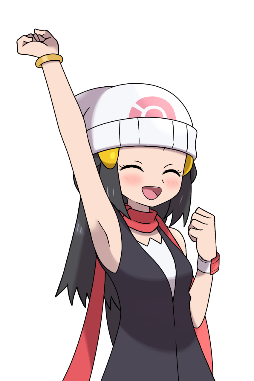 1girl arm_up asatsuki_(fgfff) beanie black_hair blush bracelet clenched_hand closed_eyes commentary_request hikari_(pokemon) eyelashes hair_ornament hairclip hand_up hat highres jewelry long_hair open_mouth pokemon pokemon_(game) pokemon_dppt red_scarf scarf shirt simple_background sleeveless sleeveless_shirt solo tongue upper_teeth white_background white_headwear