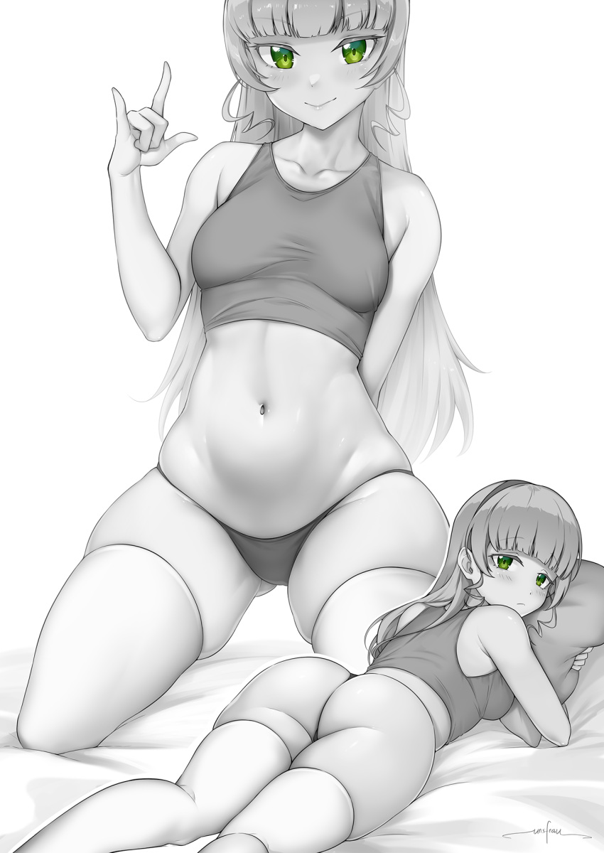 1girl \m/ arm_behind_back artist_name ass ass_visible_through_thighs bangs bare_arms bare_shoulders bed_sheet blunt_bangs blush breasts closed_mouth collarbone commentary_request crop_top english_commentary eyebrows_visible_through_hair from_behind green_eyes greyscale hairband hand_up heanna_sumire highres kneeling long_hair looking_at_viewer looking_back love_live! love_live!_superstar!! lying medium_breasts mixed-language_commentary monochrome multiple_views navel object_hug on_stomach panties pillow pillow_hug sidelocks signature skindentation smile spot_color stomach string_panties tank_top thigh-highs underwear unsfrau white_background