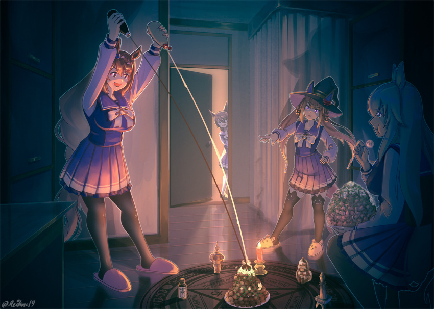 4girls animal_ears animal_slippers bow bowtie braid bunny_slippers candle candlelight commentary dark eating food frilled_skirt frills hat horse_ears horse_girl horse_tail horseshoe_ornament long_hair long_sleeves magic_circle mayonnaise multicolored_hair multiple_girls narita_taishin_(umamusume) oguri_cap_(umamusume) pantyhose pentagram pleated_skirt purple_shirt purple_skirt reihou19 sailor_collar sailor_shirt sauce shirt skirt slippers super_creek_(umamusume) sweep_tosho_(umamusume) tail takoyaki thigh-highs twintails two-tone_hair umamusume white_bow white_neckwear winter_uniform witch_hat zettai_ryouiki