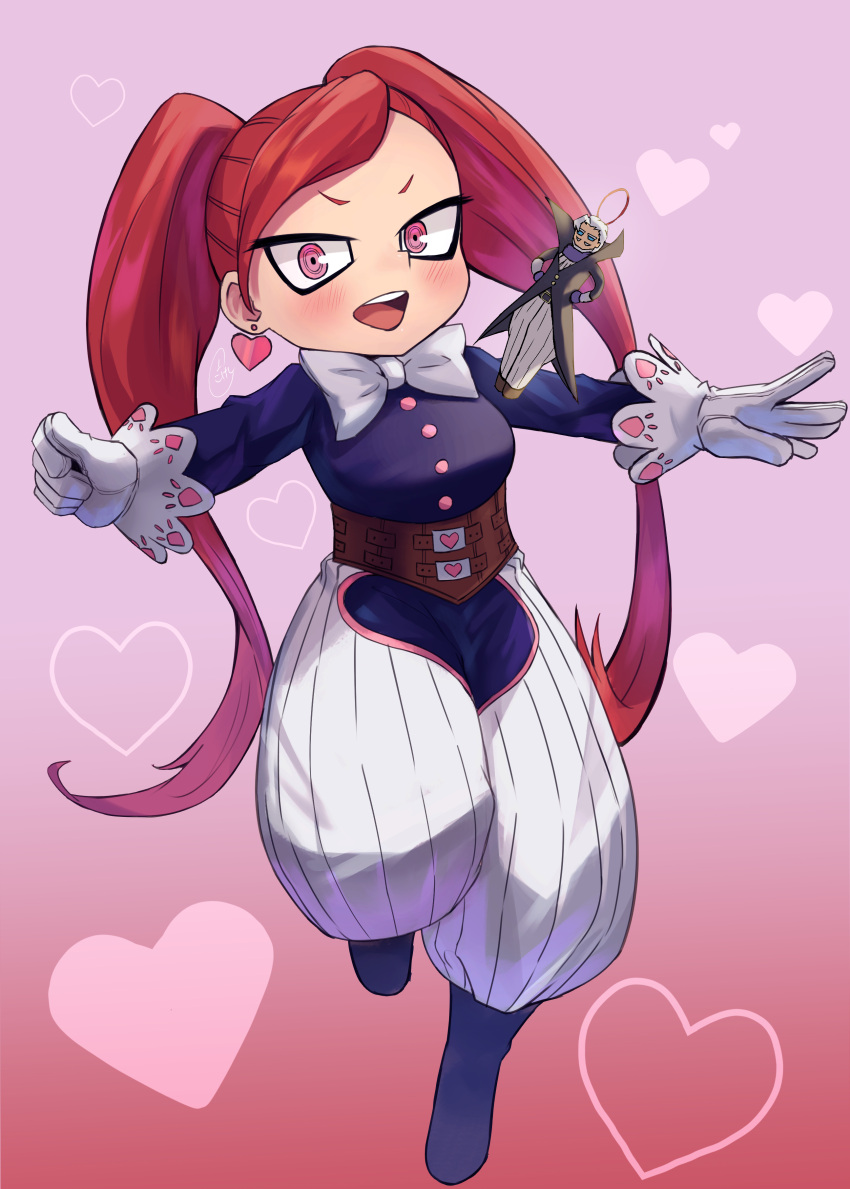 1girl :d absurdres blush boku_no_hero_academia bow bowtie breasts character_doll earrings full_body gentle_criminal gloves heart heart_earrings highres jewelry la_brava long_hair open_mouth peppertomo pink_background pink_eyes puffy_pants redhead simple_background smile solo twintails white_gloves