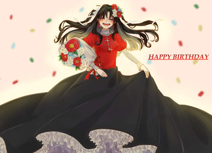 1girl black_hair black_skirt blue_eyes blush bouquet confetti english_text fate/stay_night fate_(series) flower flower_request gem hair_flower hair_ornament happy_birthday highres jewelry long_hair niniko red_shirt shirt skirt smile solo teeth tohsaka_rin tongue two_side_up white_background