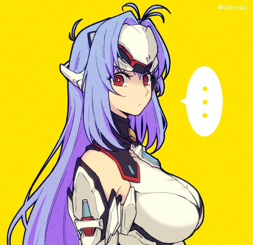 ... 1girl blue_hair breasts closed_mouth highres kos-mos large_breasts long_hair looking_at_viewer mochimochi_(xseynao) red_eyes simple_background solo spoken_ellipsis twitter_username upper_body xenosaga yellow_background