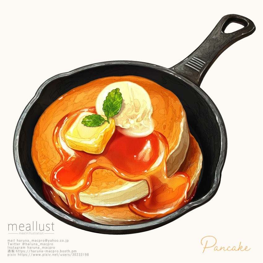 absurdres butter commentary english_commentary english_text food food_focus frying_pan haruna_macpro highres ice_cream leaf no_humans original pancake realistic simple_background syrup white_background