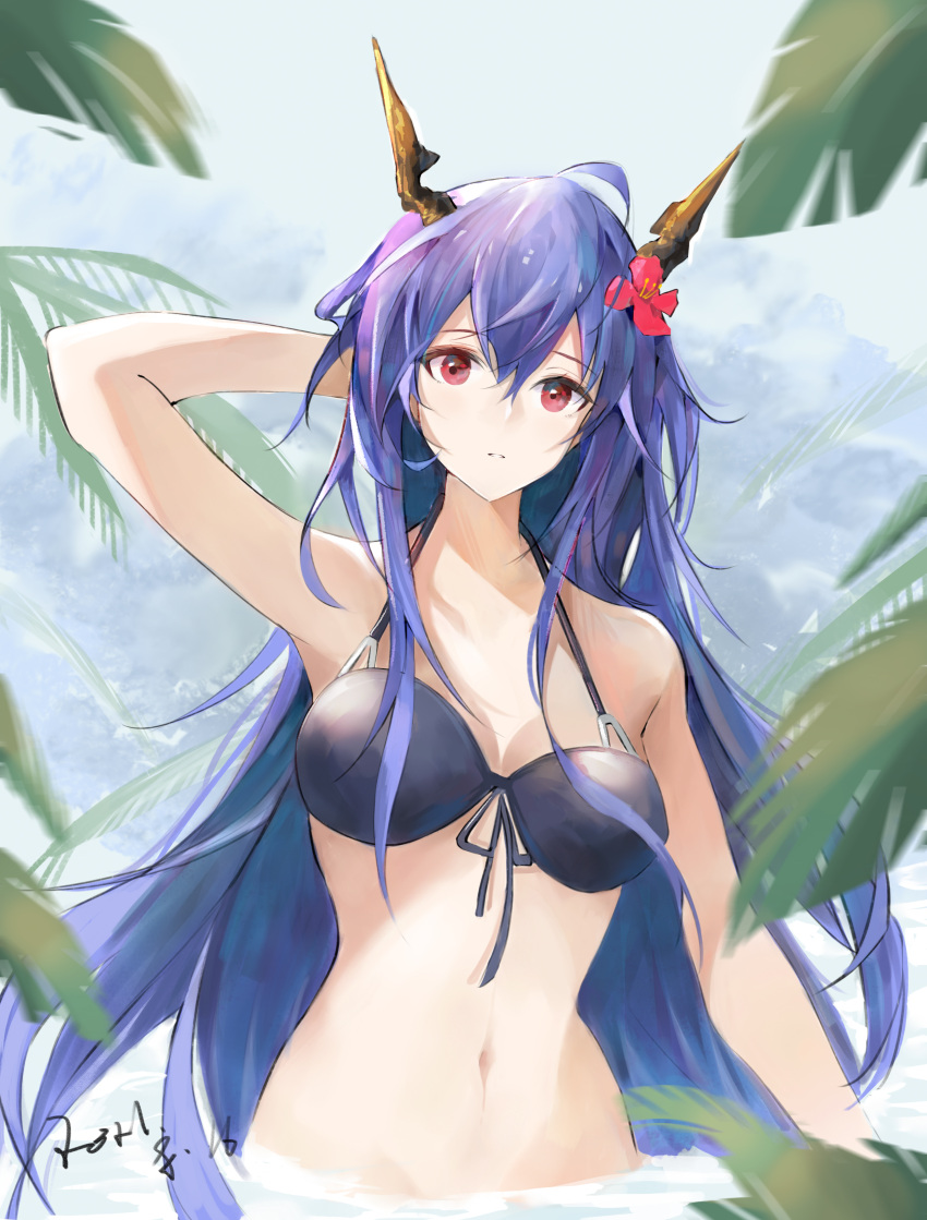1girl absurdres ahoge arknights arm_behind_head bikini black_bikini blue_hair breasts ch'en_(arknights) ch'en_the_holungday_(arknights) chitangbujiayan commentary dragon_horns front-tie_bikini front-tie_top hair_between_eyes highres horns long_hair looking_at_viewer medium_breasts navel official_alternate_costume outdoors palm_leaf partially_submerged red_eyes straight-on swimsuit upper_body very_long_hair