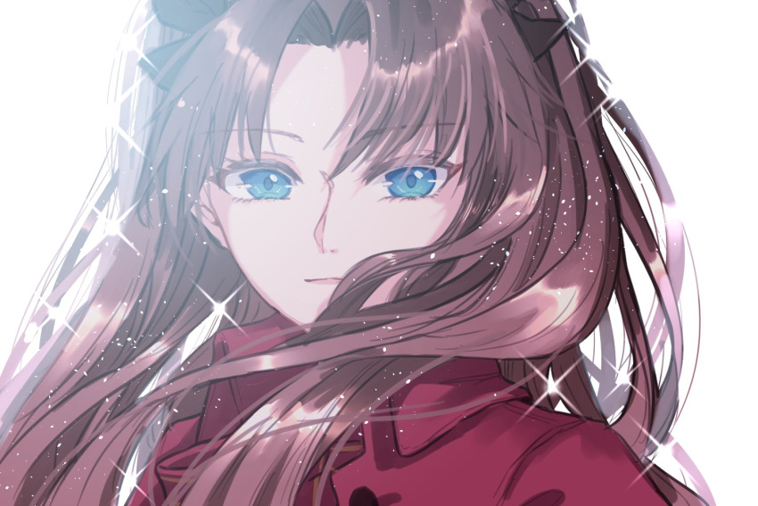 1girl backlighting black_bow blue_eyes bow brown_hair fate/stay_night fate_(series) hair_bow jacket long_hair looking_at_viewer red_jacket roku_(ntbr_fate) tohsaka_rin two_side_up upper_body white_background wind wind_lift