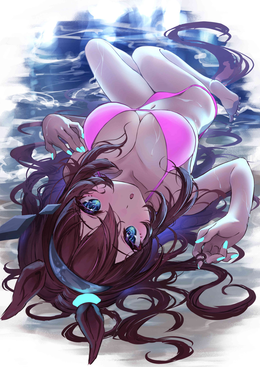 1girl absurdres animal_ears aqua_nails bare_arms bare_legs bare_shoulders barefoot bikini blue_eyes breasts brown_hair fingernails grey_hairband hair_between_eyes hairband highres horse_ears horse_girl large_breasts long_hair looking_at_viewer lying mihono_bourbon_(umamusume) misekiss nail_polish on_back open_mouth pink_bikini solo swimsuit umamusume upside-down wet