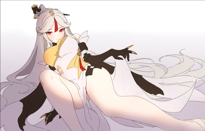 1girl arm_support breasts brown_gloves claw_ring closed_mouth feet_out_of_frame genshin_impact gloves grey_hair hair_ornament hair_stick highres large_breasts long_hair looking_at_viewer lying multicolored_hair ningguang_(genshin_impact) on_back pelvic_curtain red_eyes siun solo streaked_hair very_long_hair