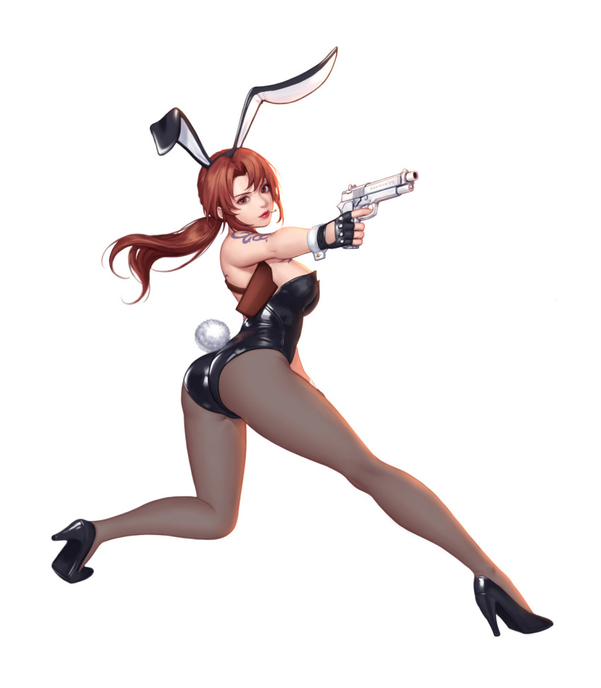 1girl aiming animal_ears ass black_footwear black_gloves black_hairband black_leotard breasts brown_eyes brown_hair brown_legwear cigarette commentary commission copyright_request english_commentary fake_animal_ears finger_on_trigger fingerless_gloves full_body gloves gun hairband handgun highres holding holding_gun holding_weapon holster large_breasts leotard looking_at_viewer mouth_hold pantyhose pistol ponytail rabbit_ears rabbit_tail shoes shoulder_tattoo simple_background siun solo strapless strapless_leotard tail tattoo weapon white_background