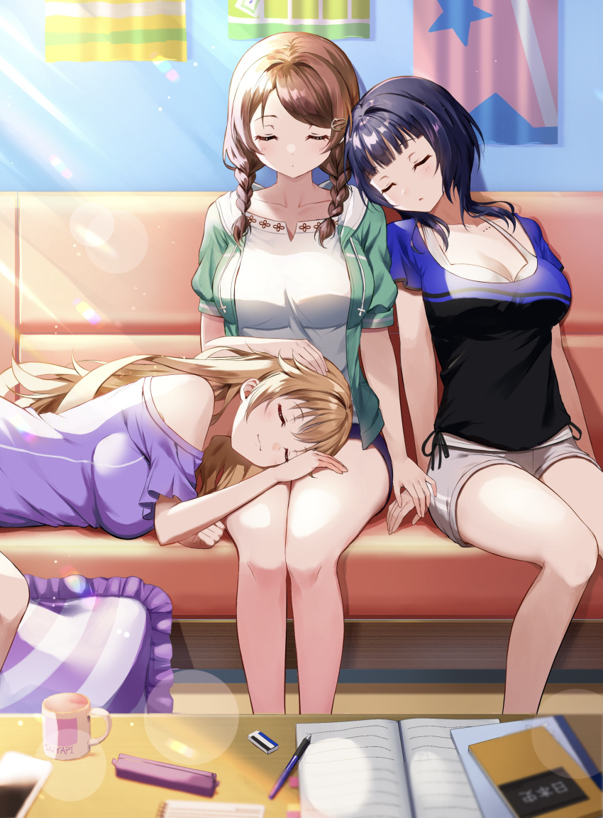 3girls absurdres asaka_karin bedroom black_hair blush braid breasts brown_hair closed_eyes commentary couch duplicate emma_verde eyelashes head_on_another's_shoulder highres indoors konoe_kanata lap_pillow large_breasts love_live! love_live!_nijigasaki_high_school_idol_club mia_(fai1510) multiple_girls on_couch parted_lips shorts sitting sleeping thighs twin_braids twintails
