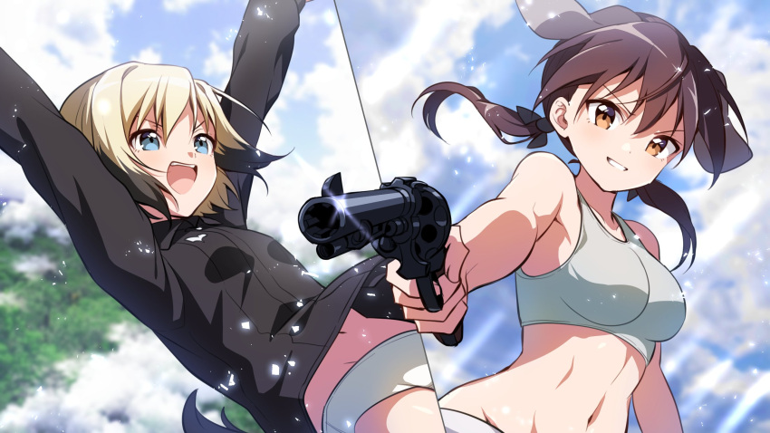 2girls :d abs animal_ears arms_up bad_id bad_twitter_id bangs black_hair black_jacket black_ribbon blonde_hair blue_sky blurry blurry_background brown_eyes brown_hair clouds cloudy_sky commentary day depth_of_field dog_ears erica_hartmann gertrud_barkhorn grey_panties grey_sports_bra grin gun hair_ribbon highres holding holding_gun holding_weapon ichiren_namiro jacket light_particles long_hair long_sleeves low_twintails military military_uniform multicolored_hair multiple_girls navel open_mouth outdoors outside_border panties ribbon short_hair sky smile sparkle sports_bra strike_witches twintails two-tone_hair underwear uniform weapon white_panties world_witches_series