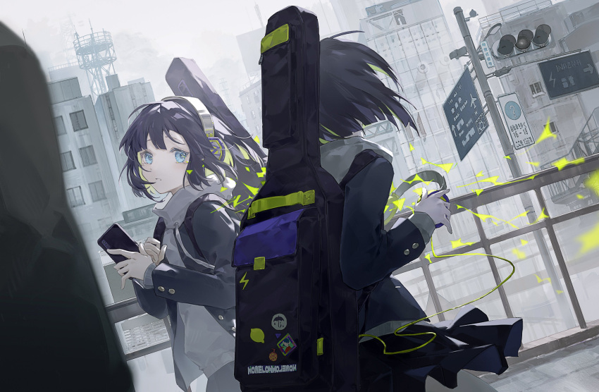 2girls bangs black_skirt blazer blue_eyes blue_jacket blurry blurry_background building buttons cable city commentary facing_away green_hair guitar_case hands_up headphones headphones_removed highres holding holding_headphones holding_phone hood hoodie instrument_case jacket looking_at_another mechari multicolored_hair multiple_girls original outdoors parted_lips phone pole purple_hair railing sign skirt traffic_light two-tone_hair