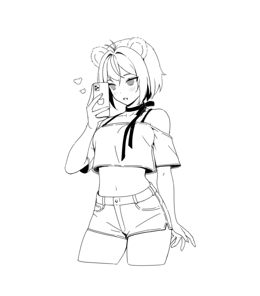 1girl animal_ears arm_at_side bear_ears bob_cut cellphone choker contrapposto cowboy_shot cropped_legs cropped_shirt greyscale hand_up highres holding holding_phone indie_virtual_youtuber midriff monochrome navel niamocha off-shoulder_shirt off_shoulder parted_lips phone selfie shirt short_hair short_shorts short_sleeves shorts simple_background siun smartphone solo standing white_background