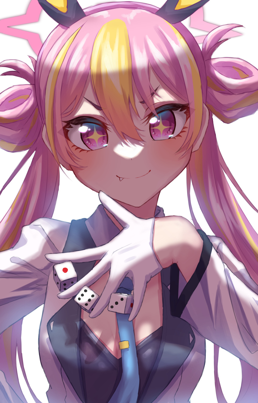 +_+ 1girl absurdres animal_ears blue_archive blush breasts commentary dice fang gloves highres long_hair looking_at_viewer multicolored_hair necktie pink_eyes portrait rabbit_ears simple_background small_breasts smile solo take-run-atelier twintails two-tone_hair white_background