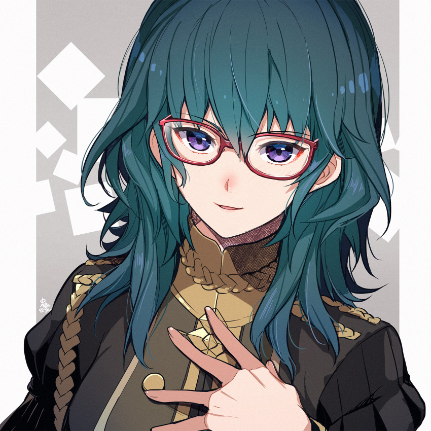 1girl alternate_costume bangs blue_hair blush buttons byleth_(fire_emblem) byleth_eisner_(female) commentary_request epaulettes fire_emblem fire_emblem:_three_houses garreg_mach_monastery_uniform glasses hair_between_eyes hand_on_own_chest highres juliet_sleeves long_hair long_sleeves looking_at_viewer nakabayashi_zun official_alternate_costume parted_lips puffy_sleeves red-framed_eyewear signature smile solo uniform upper_body violet_eyes