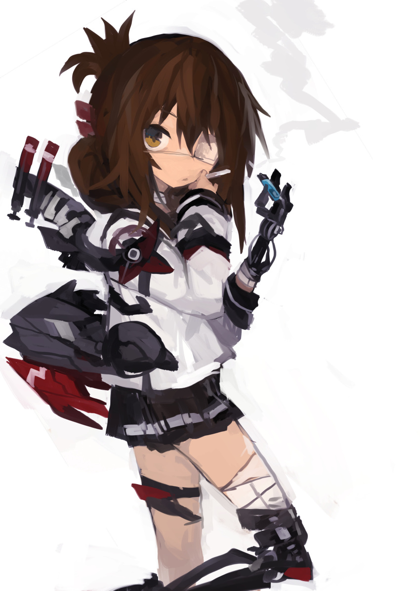 1girl absurdres black_sailor_collar black_skirt brown_eyes brown_hair cigarette closed_mouth eyepatch feet_out_of_frame folded_ponytail hair_between_eyes highres holding holding_cigarette inazuma_(kancolle) kaamin_(mariarose753) kantai_collection long_hair long_sleeves mechanical_arms mechanical_legs pleated_skirt prosthesis prosthetic_arm prosthetic_leg sailor_collar school_uniform serafuku simple_background single_mechanical_arm single_mechanical_leg skirt solo white_background