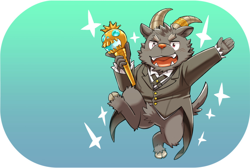 1boy black_suit creature ei_(marutendon) fangs full_body furry furry_male goat_boy goat_horns goat_tail holding holding_staff horns male_focus no_pants one_eye_closed salomon_(tokyo_houkago_summoners) short_hair solo staff thick_eyebrows tokyo_houkago_summoners