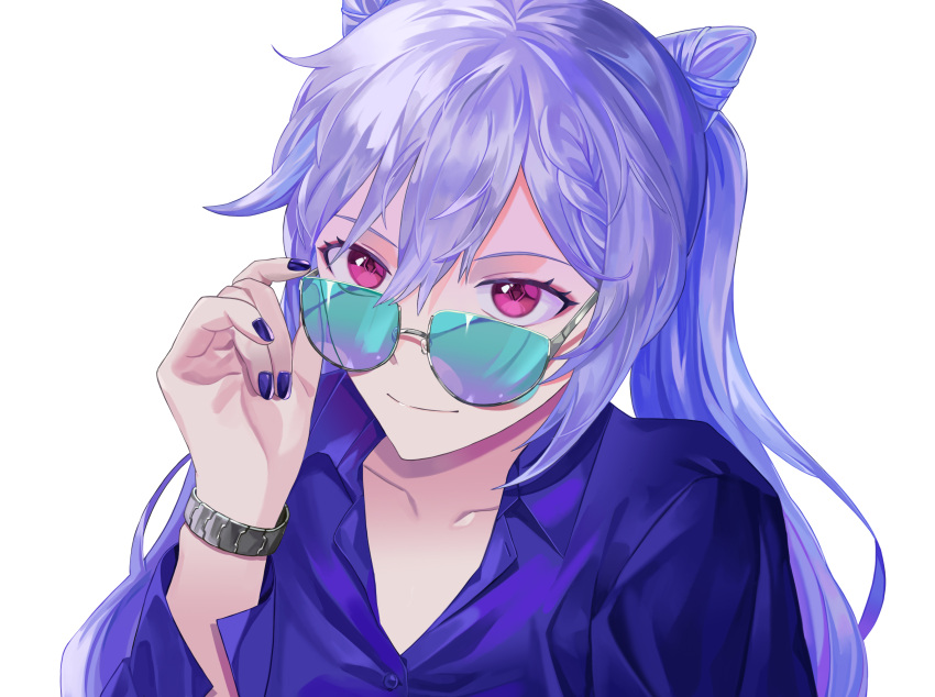 1girl bangs blue_shirt breasts closed_mouth collared_shirt commentary double_bun genshin_impact hair_cones highres keqing_(genshin_impact) long_hair looking_at_viewer medium_breasts nugag purple_hair purple_nails shirt simple_background smile solo sunglasses symbol-only_commentary twintails violet_eyes watch watch white_background