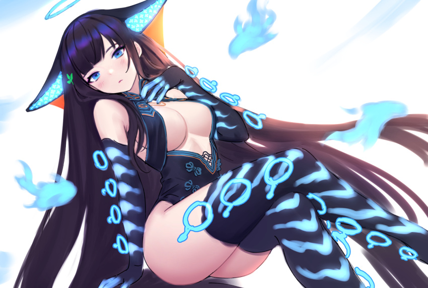 1girl animal_ears blue_eyes blue_fire blush breasts brown_hair closed_mouth crossed_legs elbow_gloves fate/grand_order fate_(series) fire gloves hair_ornament halo hand_up head_tilt large_breasts leotard long_hair looking_at_viewer sitting siun solo thigh-highs very_long_hair yang_guifei_(fate)