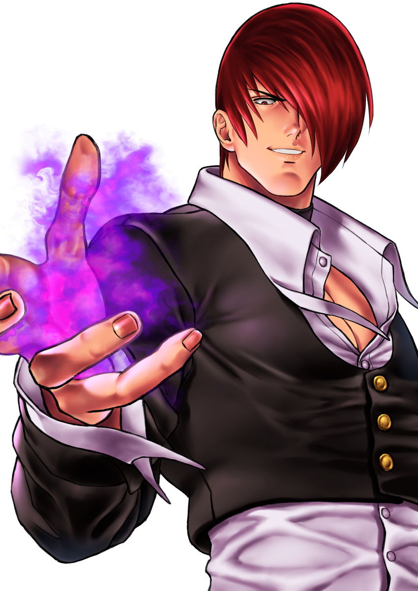 1boy absurdres bangs beniazumaru black_collar black_jacket buttons collar hair_over_one_eye hand_up highres jacket looking_at_viewer magic male_focus one_eye_covered pectoral_cleavage pectorals red_eyes redhead shirt short_hair smile solo teeth the_king_of_fighters the_king_of_fighters_'95 the_king_of_fighters_xv upper_body white_background white_shirt yagami_iori