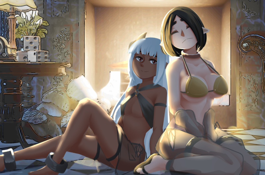 2girls armor back-to-back bikini_armor black_hair breasts closed_eyes closed_mouth curled_horns dark-skinned_female dark_skin demon_girl demon_horns horns indoors large_breasts long_hair looking_at_viewer medium_hair multiple_girls niseoto o-ring o-ring_top original pointy_ears sitting small_breasts smile thigh_strap wariza white_hair