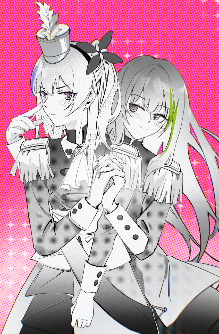 2girls absurdres bangs blush closed_mouth dsp0355 eyebrows_visible_through_hair feet_out_of_frame finger_to_nose flower girls_frontline grey_eyes greyscale hair_flower hair_ornament hat highres holding_hands long_hair looking_at_another looking_at_viewer m4a1_(girls'_frontline) marching_band mini_hat monochrome multicolored_hair multiple_girls pink_background simple_background smile st_ar-15_(girls'_frontline) standing violet_eyes