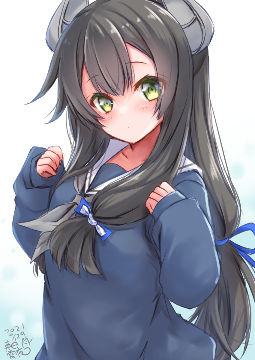 1girl absurdres artist_name black_hair blush dated eyebrows_visible_through_hair green_eyes grey_neckwear hair_between_eyes headgear highres i-47_(kancolle) kantai_collection long_hair long_sleeves mashiro_yukiya neckerchief sailor_collar signature solo upper_body white_sailor_collar