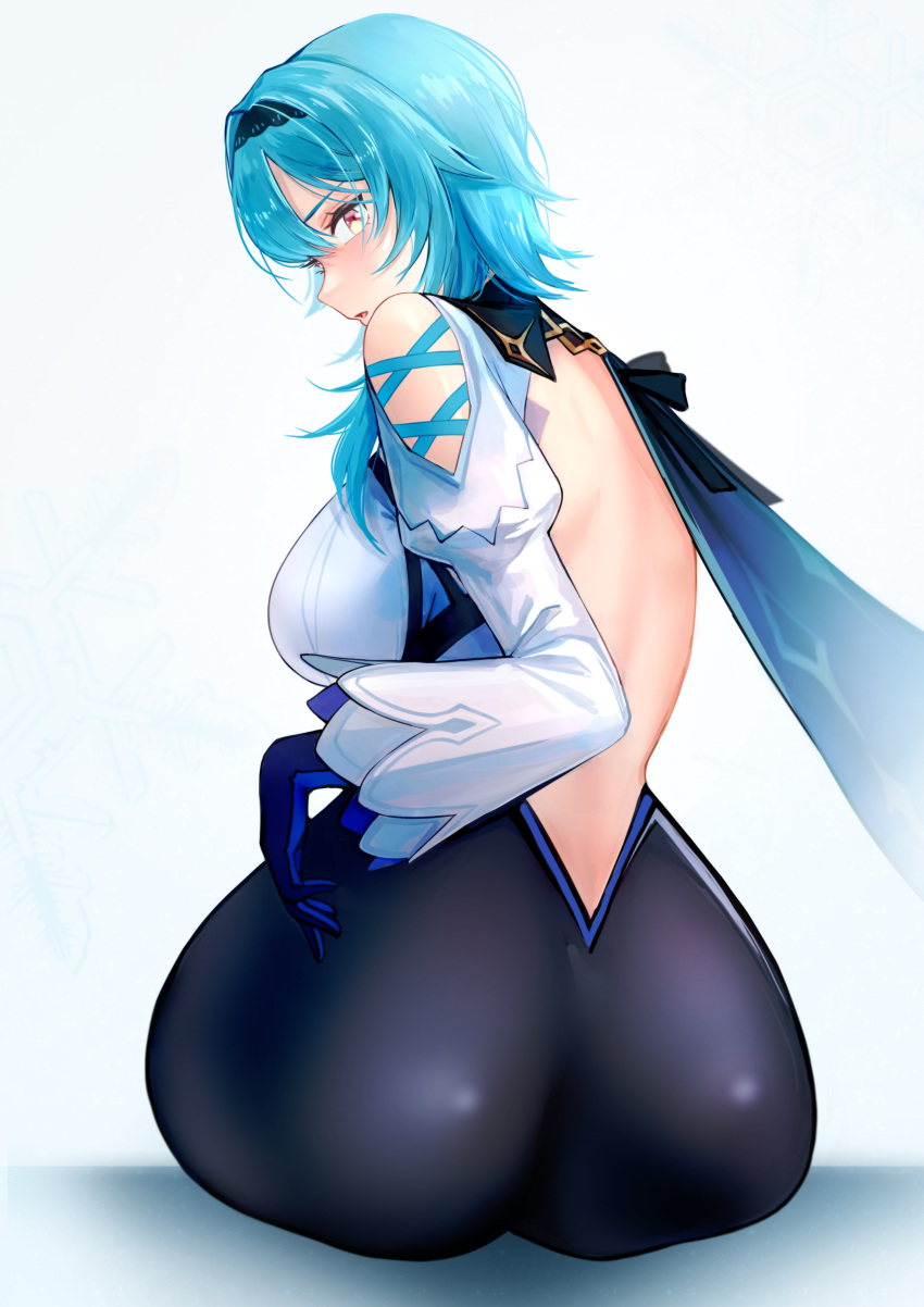 1girl absurdres ass asymmetrical_hair backless_outfit black_pants blue_capelet blue_gloves blush breasts capelet cl_(summer_sama) clothing_cutout commentary cowboy_shot cross-laced_clothes eula_(genshin_impact) from_behind genshin_impact gloves grey_background hair_between_eyes hair_intakes hairband highres huge_ass large_breasts light_blue_hair looking_at_viewer looking_back medium_breasts multicolored multicolored_eyes open_mouth pants shirt shoulder_cutout simple_background sitting snowflake_background solo violet_eyes white_shirt yellow_eyes