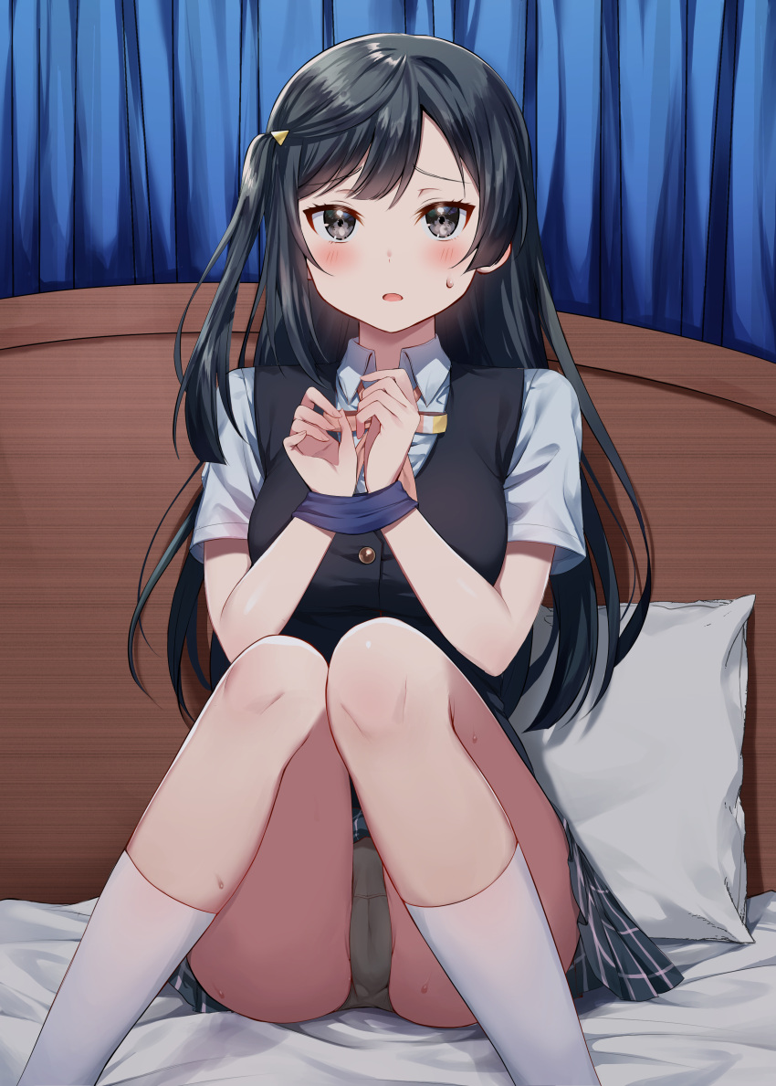 1girl absurdres bangs bed bed_sheet bedroom black_hair blush bound bound_wrists breasts collared_shirt feet_out_of_frame grey_eyes grey_panties highres love_live! love_live!_nijigasaki_high_school_idol_club medium_breasts mia_(fai1510) nijigasaki_academy_uniform on_bed open_mouth panties pantyshot pillow school_uniform shirt short_sleeves side_ponytail sitting sitting_on_bed socks solo straight_hair sweatdrop underwear white_legwear yuuki_setsuna_(love_live!)