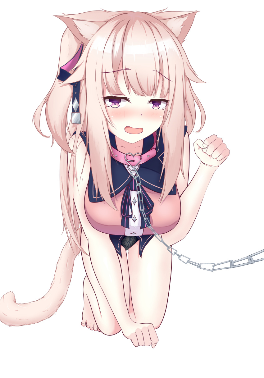 1girl absurdres animal_ear_fluff animal_ears bangs black_panties blush cat_ears cat_tail chain clenched_hands collar collarbone commentary_request empireo eyebrows_visible_through_hair hair_ornament highres hoshifuri_iku kneeling looking_at_viewer open_mouth panties pet_play pink_collar pink_hair prism_project simple_background solo tail underwear violet_eyes virtual_youtuber white_background