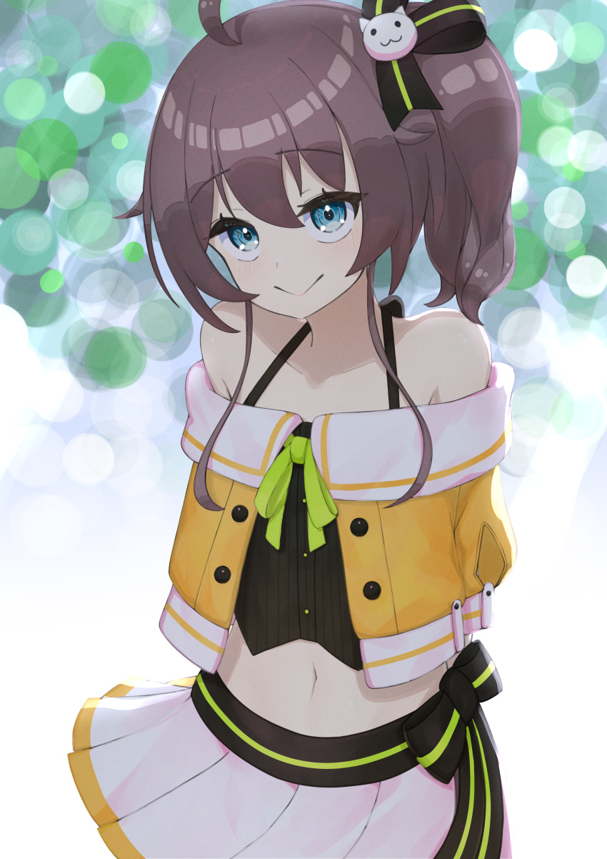 1girl :&gt; absurdres arms_behind_back bangs bare_shoulders black_camisole black_ribbon blue_eyes brown_hair camisole cat_hair_ornament closed_mouth crop_top cropped_jacket green_neckwear hair_between_eyes hair_ornament hair_ribbon halterneck highres hololive jacket looking_at_viewer lunch_boxer medium_hair miniskirt natsuiro_matsuri navel neck_ribbon off-shoulder_jacket off_shoulder orange_jacket pinstripe_camisole pinstripe_pattern pleated_skirt ribbon short_sleeves side_ponytail skirt solo spaghetti_strap striped virtual_youtuber white_skirt