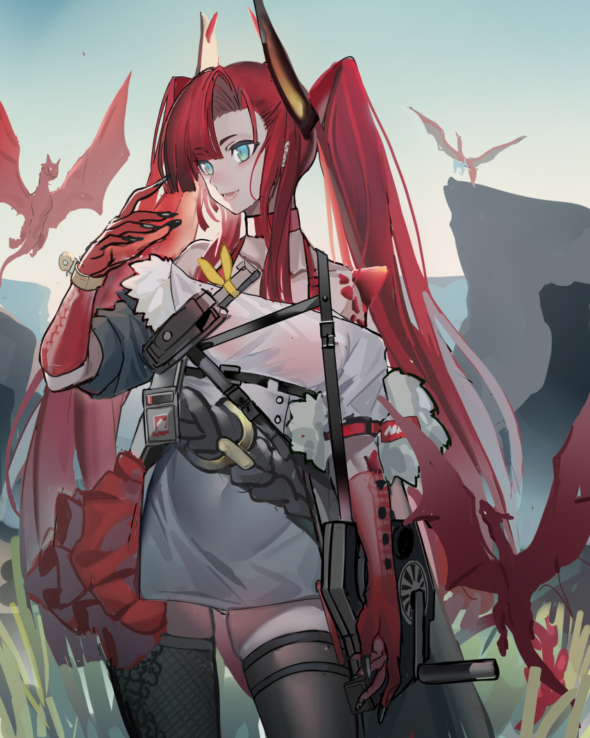 1girl :d aqua_eyes arknights bare_shoulders belt belt_buckle black_legwear blue_sky buckle choker cliff collarbone cowboy_shot day dragon dragon_horns dress echj elbow_gloves frills gloves hand_up highres horns long_hair looking_away looking_to_the_side off-shoulder_dress off_shoulder open_mouth oripathy_lesion_(arknights) outdoors pouch red_choker red_gloves redhead skindentation sky smile solo thigh-highs toddifons_(arknights) twintails very_long_hair white_dress zettai_ryouiki