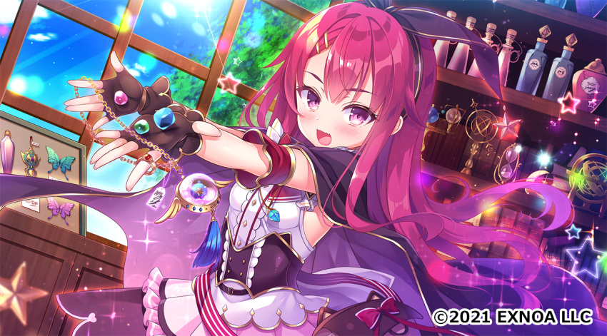 1girl :d angelic_link bangs black_cape black_gloves black_skirt blush breasts cape character_name commentary_request day eyebrows_visible_through_hair fingerless_gloves gloves indoors long_hair looking_at_viewer official_art open_mouth outstretched_arms pink_hair purple_cape shirt skirt small_breasts smile solo tougetsu_hajime very_long_hair violet_eyes watermark white_shirt window
