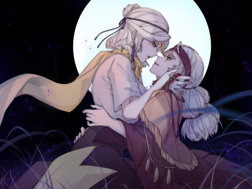 chuo4016 face-to-face floating_hair hair_ornament highres hug moon playfighting_herbalist sky:_children_of_the_light sky_child snoozing_carpenter tassel_hair_ornament yuri