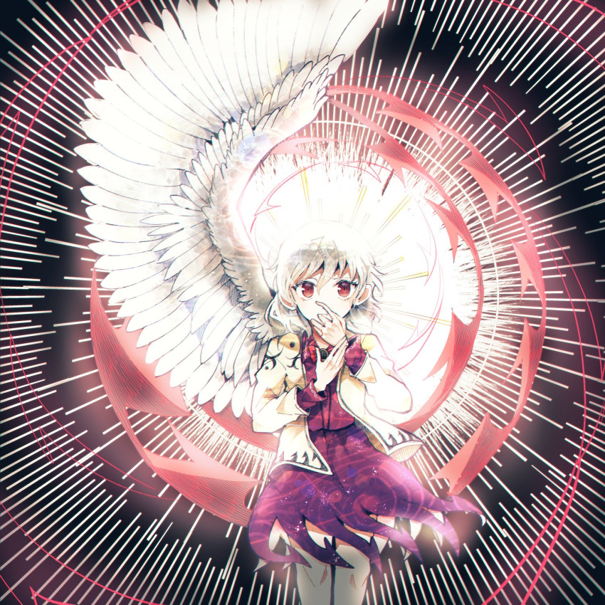 1girl bangs black_background bow bowtie collar collared_dress dress eyebrows_visible_through_hair gem grey_hair hair_between_eyes hand_on_own_face hands_up highres itomugi-kun jacket jewelry kishin_sagume light long_sleeves looking_at_viewer open_clothes open_jacket open_mouth purple_dress purple_sleeves red_background red_bow red_eyes red_neckwear short_hair single_wing solo standing touhou white_background white_hair white_jacket white_sleeves wings yellow_jacket yellow_sleeves