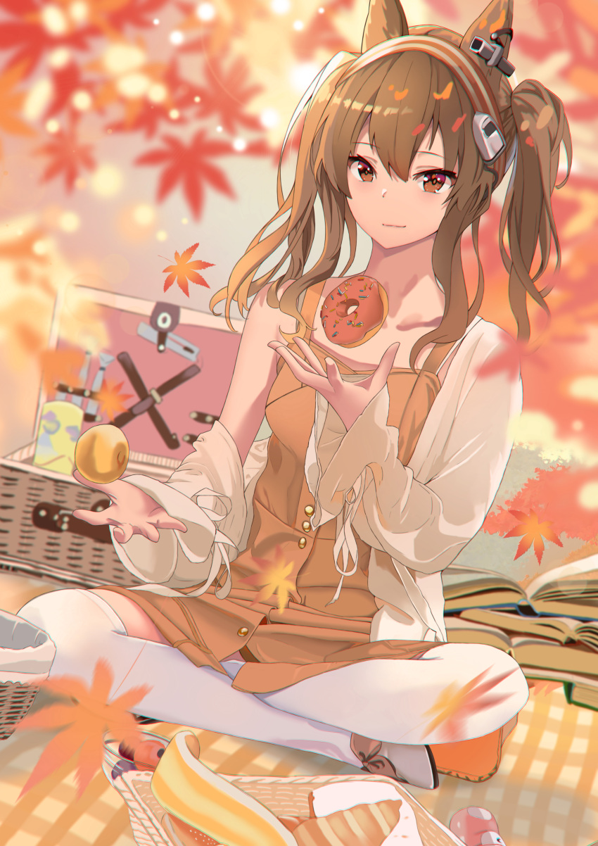 1girl absurdres alternate_costume angelina_(arknights) animal_ears arknights auguste autumn autumn_leaves book book_stack boots brown_eyes brown_hair casual check_commentary closed_mouth collarbone commentary commentary_request doughnut dress food fox_ears fruit full_body headgear highres indian_style jacket long_sleeves looking_at_viewer mandarin_orange open_book open_clothes open_jacket orange_dress picnic_basket sidelocks sitting smile solo thigh-highs thigh_boots twintails two-tone_headwear white_footwear white_jacket