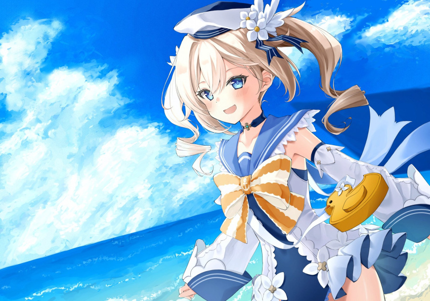 1girl :d armpits bag bangs barbara_(genshin_impact) barbara_(summertime_sparkle)_(genshin_impact) beach blue_eyes blue_sky choker clouds cloudy_sky commentary_request detached_sleeves drill_hair duck_print eyebrows_visible_through_hair flower genshin_impact hair_between_eyes hair_flower hair_ornament hair_ribbon handbag hat highres horizon light_brown_hair long_hair long_sleeves looking_at_viewer neneko_sleep ocean official_alternate_costume open_mouth ribbon sidelocks sky smile solo twin_drills twintails wide_sleeves wind