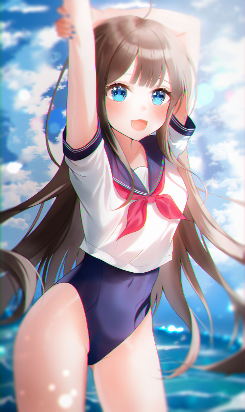 1girl absurdres arms_up blue_eyes blue_sailor_collar blue_sky blue_swimsuit brown_hair clouds cowboy_shot day highleg highleg_swimsuit highres long_hair looking_at_viewer nail_polish neckerchief new_school_swimsuit original outdoors red_neckwear sailor_collar sailor_shirt school_swimsuit school_uniform serafuku shirt short_sleeves sky smile solo swimsuit swimsuit_under_clothes syuma