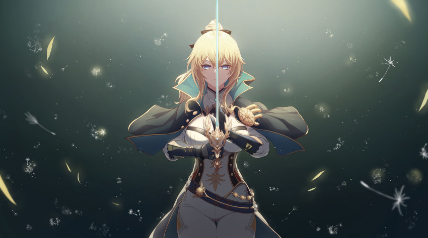 1girl absurdres bangs black_bow black_capelet black_gloves blonde_hair blue_eyes bow breasts capelet closed_mouth cowboy_shot dandelion_seed genshin_impact gloves hair_between_eyes hair_bow high_ponytail highres holding holding_sword holding_weapon jean_(genshin_impact) large_breasts long_hair long_sleeves looking_at_viewer pants solo standing sword tang-du weapon white_pants