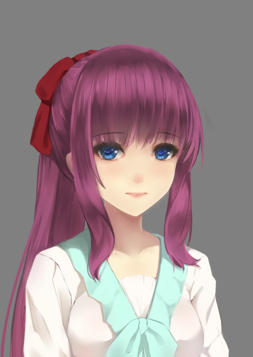 1girl bangs blue_bow blue_eyes blunt_bangs bow closed_mouth collarbone eyebrows_visible_through_hair grey_background hair_bow hentai_kuwa highres long_hair looking_at_viewer new_game! purple_hair red_bow shiny shiny_hair shirt sidelocks simple_background solo takimoto_hifumi upper_body white_shirt