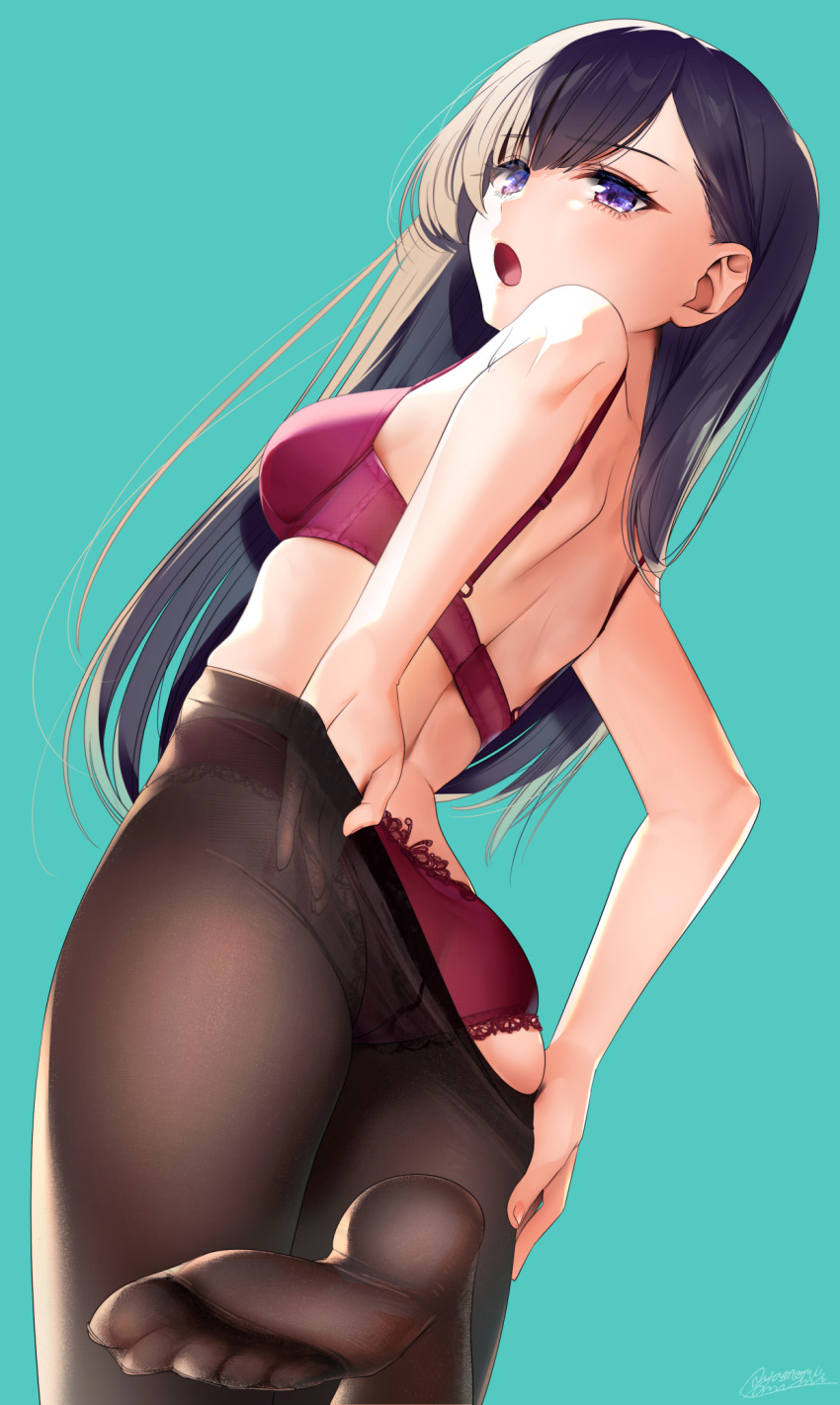 1girl ass asymmetrical_bangs ayamori_mimi back bangs black_hair blue_background bra brown_legwear clothes_pull eyebrows_visible_through_hair eyelashes feet from_behind hair_between_eyes highres lace-trimmed_panties lace_trim legs_up long_hair no_shoes open_mouth original panties pantyhose pantyhose_pull purple_bra purple_panties simple_background skindentation soles solo standing standing_on_one_leg toes underwear underwear_only undressing very_long_hair violet_eyes