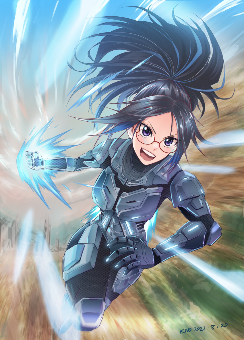 1girl absurdres ark_survival_evolved armor black_hair blue_hair bodysuit clenched_hand commentary dated english_commentary glasses glowing glowing_hand highres kivo kson mole mole_under_eye multicolored_hair open_mouth ponytail real_life signature smile solo streaked_hair violet_eyes