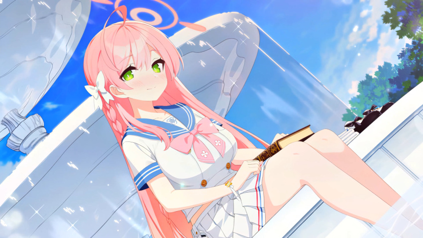 1girl artist_request blue_archive blue_eyes blush book braid breasts crop_top crop_top_overhang fountain full_body game_cg green_eyes hair_ribbon halo hanako_(blue_archive) highres large_breasts looking_at_viewer non-web_source official_art ribbon school_uniform sitting smile solo source_request tree